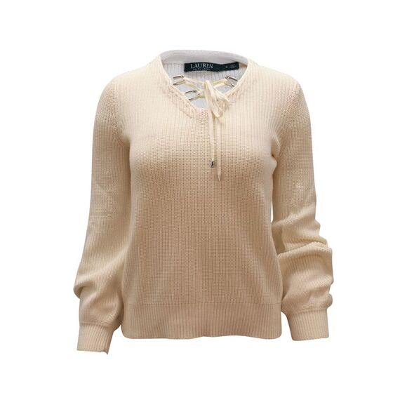 Ralph Lauren Valayna Lace-Up V-Neck Sweater in Ivory Cotton